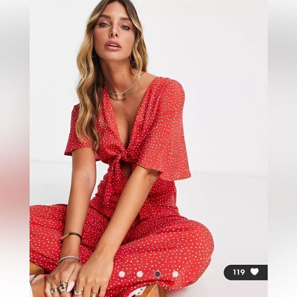 Mango Jumpsuit Medium Red Polka Dot Tie Front Wide Leg Short Sleeve - Picture 3 of 7